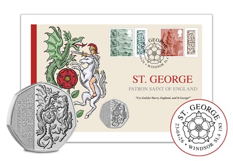 Issued to celebrate the Patron Saint of England, St. George. Featuring the 2026 Guernsey St. George BU 50p alongside a Country Definitive 1st Class stamp postmarked with St. George's Day 2026.