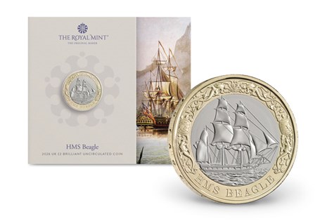 This Brilliant Uncirculated UK £2 coin marks the 200th anniversary of the ship's first voyage, featuring the famous vessel surrounded by animals. Comes in official Royal Mint packaging.