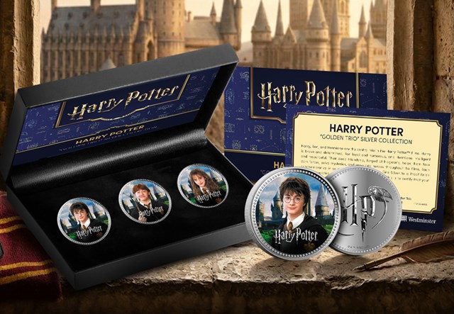Box Shot Product Page Harry Potter Golden Trio Silver Coin In Front Of Castle