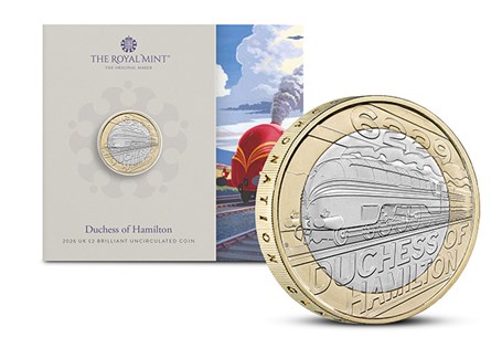 This Brilliant Uncirculated UK £2 celebrates the iconic train, The Duchess of Hamilton. Comes in official Royal Mint packaging.