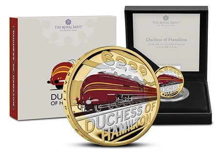 This 2026 UK Silver Proof £2 Coin celebrates one of the most iconic trains in history, the Duchess of Hamilton. Comes in official Royal Mint packaging and finished with selective colour plating.