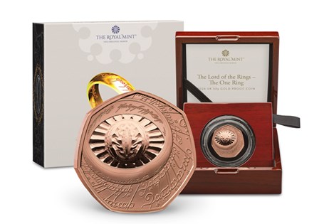 This 2026 UK Gold Proof 50p has been issued by The Royal Mint to celebrate 25 years of The Lord of the Rings. The first coin in this collection depicts the One Ring itself.