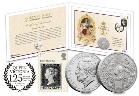 Coin cover featuring the 2026 Jersey Queen Victoria 125th Anniversary Proof £5 and the 2025 Royal Mail Penny Black 1st Class Stamp. Limited to just 495 worldwide.