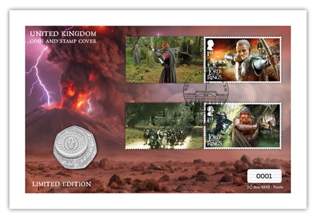 This Cover features The Royal Mint's 2026 Lord of the Rings Brilliant Uncirculated 50p coin alongside 1st Class Lord of the Rings stamps officially postmarked with the coin's release date - 20th May.