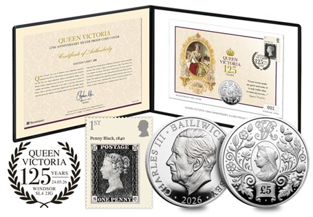 Coin cover featuring the 2026 Jersey Queen Victoria 125th Anniversary Silver Proof £5 and the 2025 Royal Mail Penny Black 1st Class Stamp. Limited to just 150 worldwide.
