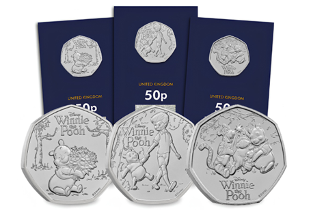 This set includes the three UK 50ps released to celebrate the 100th birthday of Winnie the Pooh. Each coin is struck to a Brilliant Uncirculated quality and is protectively encapsulated/