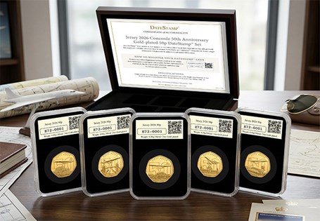 Own the Concorde 50th Anniversary Gold-Plated DateStamp™ Set. Just 250 issued, featuring all five Official Concorde 50ps, 24ct gold plating and an exclusive Royal Mail postmark dated 17 June 2026.
