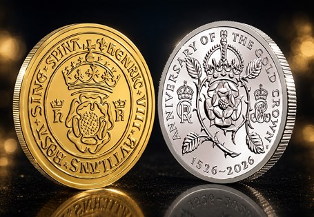 Brought together for the 500 year anniversary of the crown coin in 1526 during the reign of Henry VIII. Includes the UK 2026 BU £5 alongside a replica of the original crowned double rose.
