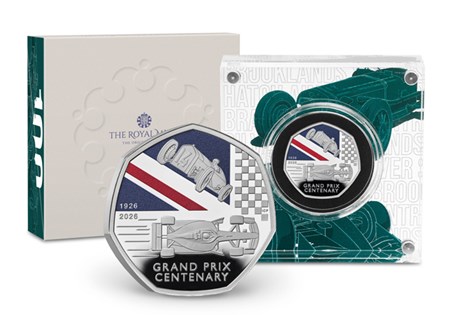 This Sterling Silver Proof 50p has been released by the Royal Mint to celebrate 100 Years of the British Grand Prix.Colour plating.Comes in official Royal Mint packaging. Edition Limit Just 2,500.