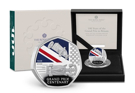This Sterling Silver Piedfort 50p has been released by the Royal Mint to honour 100 Years of the British Grand Prix.Colour plating.Comes in official Royal Mint packaging. Edition Limit Just 1,000.