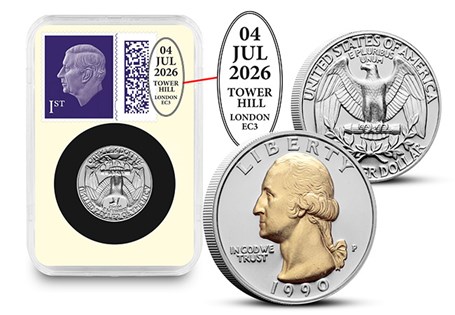 Issued to commemorate the 250th Anniversary of the declaration
of independence. Featuring a US quarter dollar, plated in silver and 24ct gold.