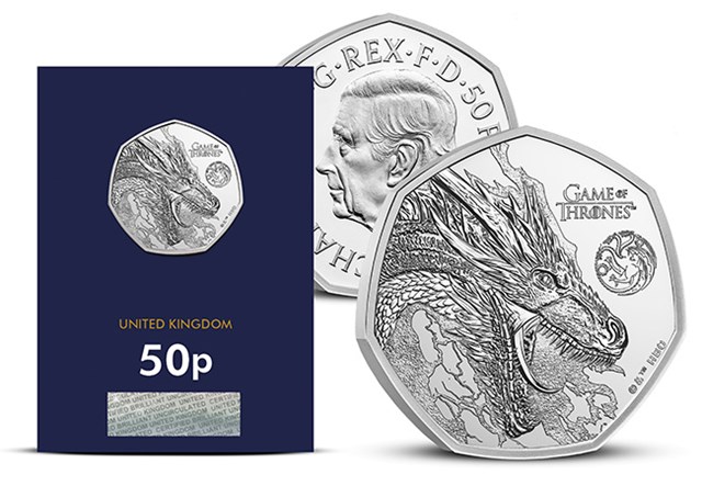 Game Of Thrones 50P FIRE Obvrev Of Coin With Packaging In CC Packaging 650X450