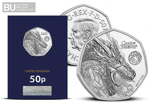 Game Of Thrones 50P FIRE Obvrev Of Coin With Packaging In CC Packaging With CBU Logo 650X450