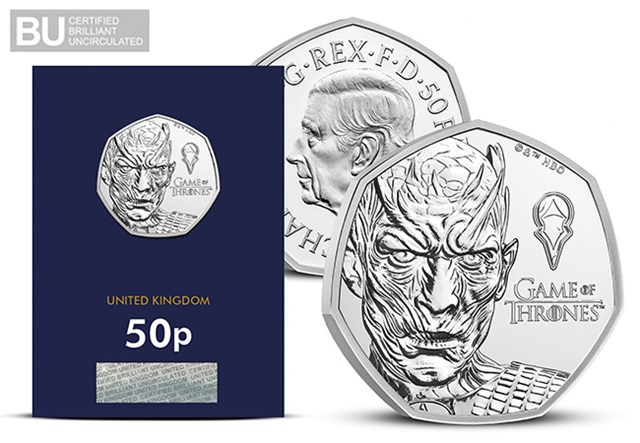 Game Of Thrones 50P ICE Obvrev Of Coin With Packaging In CC Packaging With CBU Logo 650X450